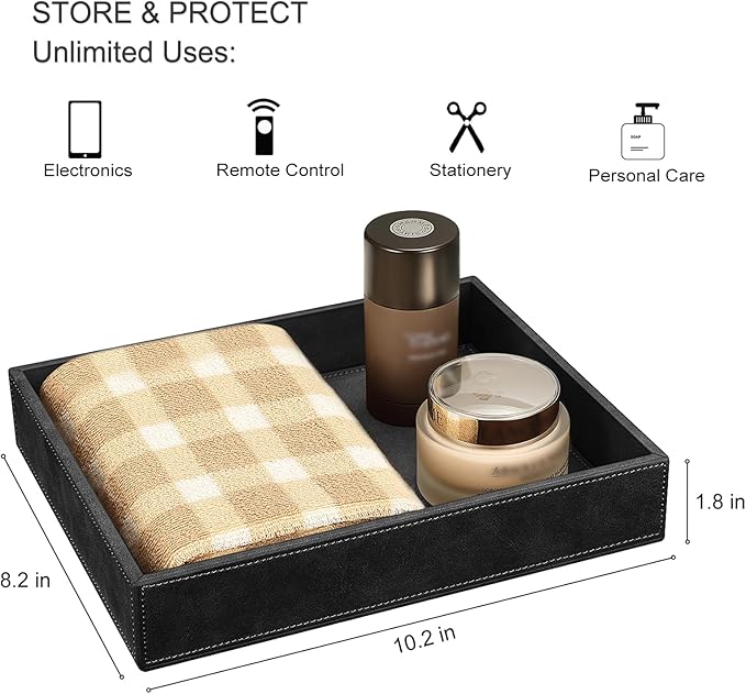 SITHON Valet Tray Desk Organizer, PU Leather Catchall Bedside Vanity Tray Nightstand Caddy Coin Box Key Jewelry Storage Organizer, Valentine's Day Gift, Black
