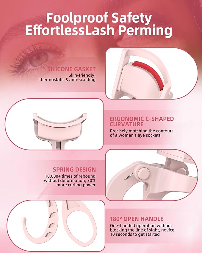 Heated Eyelash Curler, 5s Fast Heating Electric Eyelash Curler, Safe Anti-Burn Eyelash Curlers with Silicone Pad, Type-C Quick Charge, Intelligent Temp Control, 24H Long-Lasting Curls (Pink)