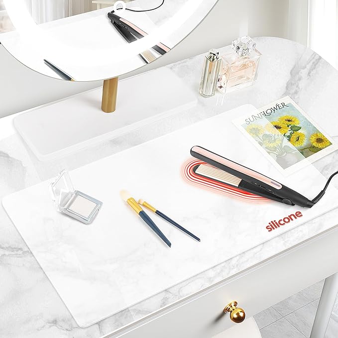 Silicone Makeup Mat for Vanity, 23.6" x 15.7" Heat Resistant Vanity Mat, Easy to Clean & Waterproof, Portable Makeup Accessories for Use While Traveling (White Translucent)