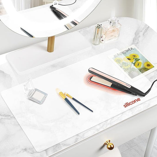 Silicone Makeup Mat for Vanity, 23.6" x 15.7" Heat Resistant Vanity Mat, Easy to Clean & Waterproof, Portable Makeup Accessories for Use While Traveling (White Translucent)