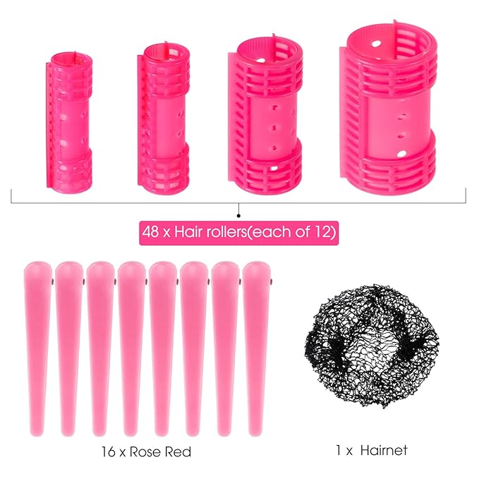 WILLBOND 65 Pieces Magnetic Hair Rollers Set Plastic Rollers Curlers with Clips 4 Sizes for Long Medium Short Hair, Duck Clips Hairnet Hairdressing Styling Tool(Pink)