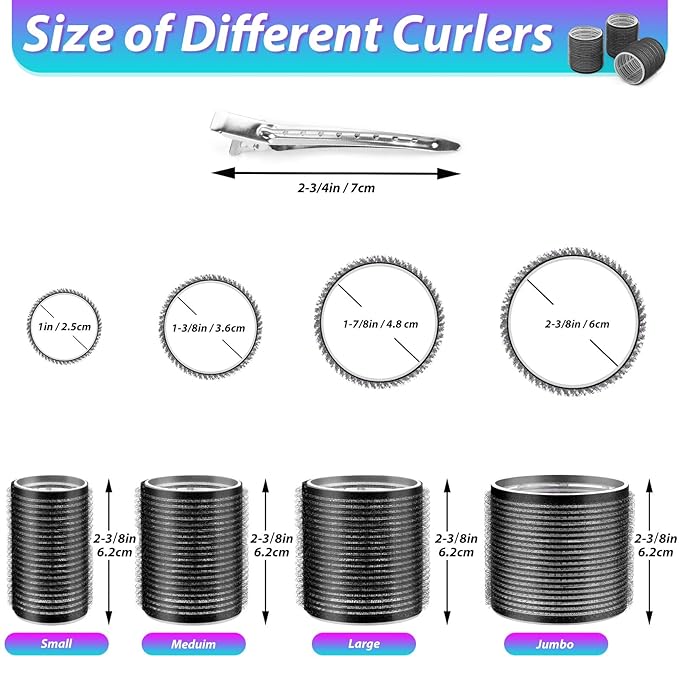 Hair Curlers Set with 24 Rollers (6 Jumbo, 6 Large, 6 Medium, 6 Small) and 24 Clips for All Hair Lengths (Black)