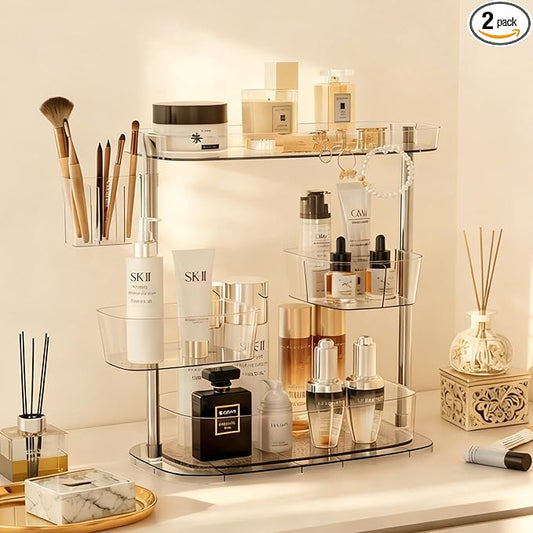 Rotating Makeup Vanity Organizer, Bathroom Countertop Cosmetic Skin Care Storage,Cosmetic Display Case with Brush Holder,for Skincare Perfume Cosmetics,Detachable Hanging Trays & Hooks