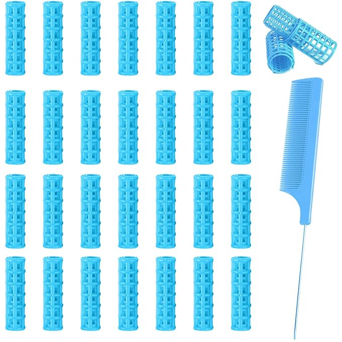 28PCS Small Rollers for Short Hair, 0.6in No Heat Tiny Curlers With Clips Small Roller Hair Curlers Set Mini Snap-On Plastic Hair Rollers(Blue)
