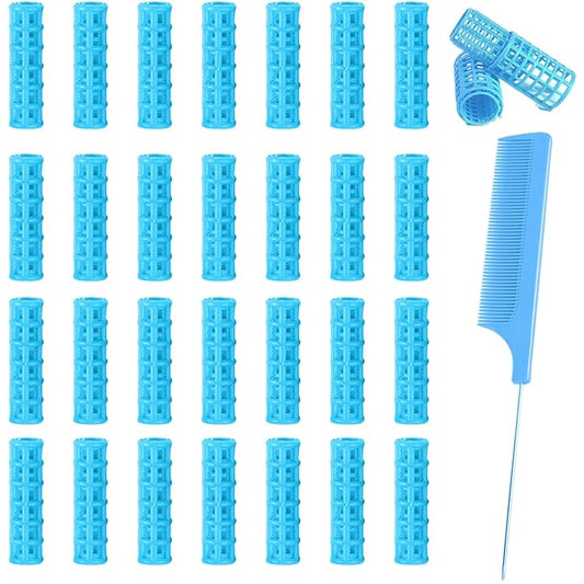 28PCS Small Rollers for Short Hair, 0.6in No Heat Tiny Curlers With Clips Small Roller Hair Curlers Set Mini Snap-On Plastic Hair Rollers(Blue)