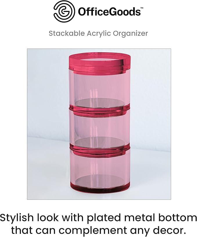 OfficeGoods 3-Tier Stackable Acrylic Holder- Stylish Desk Organizer and Storage for Office or Home – Transparent Round Design, Pink with Silver Metal Base