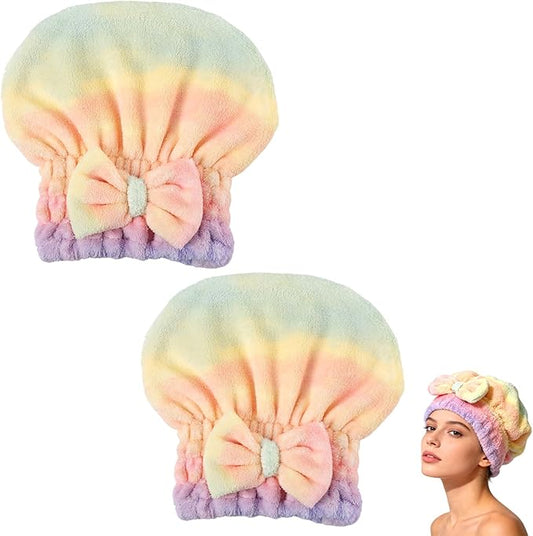 2PCS Super Absorbent Hair Towel Wrap for Wet Hair,Microfiber Hair Drying with Caps Bow Design,2026 New Fast Drying Hair Turban Wrap Towels Shower Cap for Girls and Women(Gradient Green)