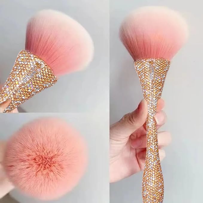 WOKOTO 1pcs Gold Rhinestone Nail Dust Brushes For Acrylic Nails Powder Remover Brushes Loose Face Cosmetics Blending Liquid Foundation Powder Make Up Brushes Nail Trimming Cleaning Tools