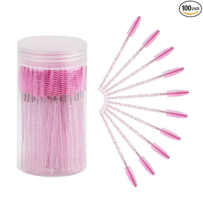 CHEFBEE 100PCS Disposable Eyelash Brush, Mascara Wands Makeup Brushes Applicators Kits for Eyelash Extensions and Eyebrow with Container (Light Pink)