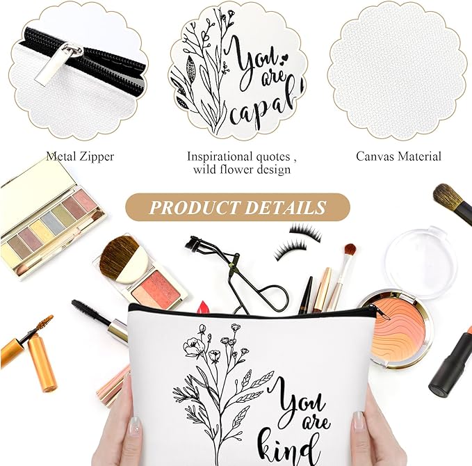 Coume 10 Pcs Valentines Canvas Makeup Bags Bulk, Inspirational Quotes Cosmetic Zipper Encouragement Travel Pouch Toiletry Bag Women Teacher Friend Birthday Gift(White,Aesthetic)