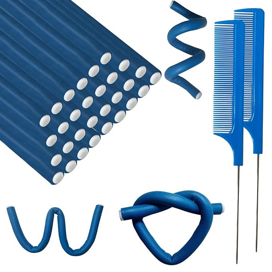 BIEAEIA 60 Pieces Flexible Curling Rods 9.45 x 0.31 inches, Soft Foam No Heat Hair Rollers for Long Hair Short Hair Women Girls, Hair Curlers Set with Steel Pintail Rat Tail Comb, Dark Blue