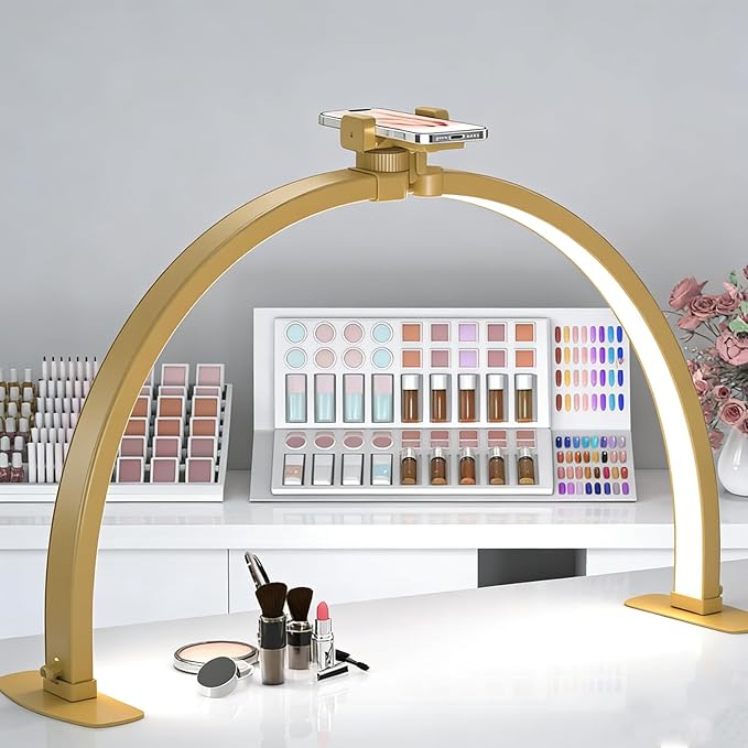 Foldable Large Half Moon LED Light for Table Nail Desk with Phone Stand, Upgrade Arch Light for Nail Techs with Wire Controller for Manicure Tattoo Beauty (Gold, Large)