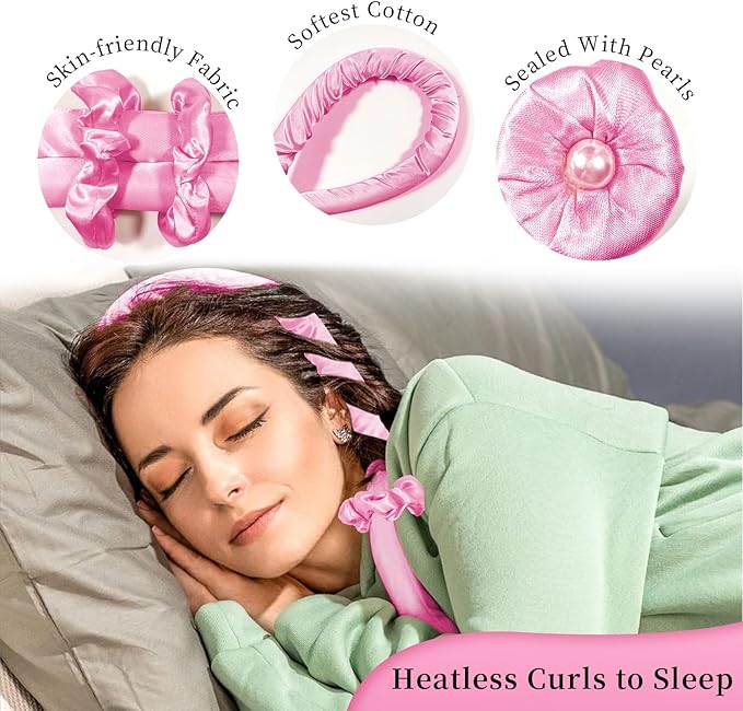 Heatless Hair Curler and Curling Scrunchie Set, Heatless Curls Overnight, Heatless Curling Rod With Spray Bottle, Overnight Blowout Rods, No Smell, No Heat Wave Curlers for All Hair Types (Pink)