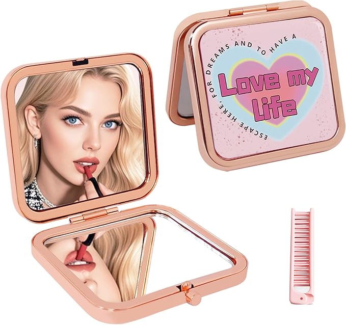 Pocket Mirror for Women, Small Travel Mirror 2X Magnifying, Portable Folding Mini Pocket Mirror for Handbag, Purse, Compact Unique Gift for Sister Friend Mom Wife