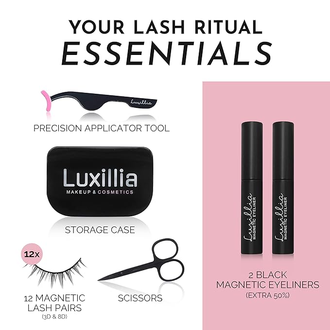 Luxillia 16-Piece Magnetic Eyelashes with Applicator & Magnetic Eyeliner Kit – Reusable Natural Magnetic Lashes – Easy Apply Lash Kit for Beginners – Waterproof, Short & Dramatic Looks