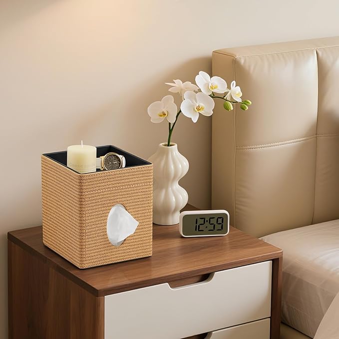 Tissue Box Cover, PU Leather Square Tissue Box Holder with Storage Tray for Bathroom Vanity Countertop Night Stands Bedroom Office Desk, Stylish Tissue Holder Decorative Organizer (Yellow Rattan)