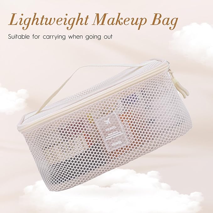 Mesh Makeup Bag, Breathable Cosmetic Bags with Zipper, Travel Lightweight Make Up Organizer Mesh, Toiletry Bag with Handle for Women Girls Gift, White