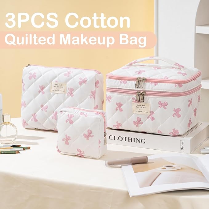 Large Makeup Bag for Women 3PCS Quilted Cotton Make Up Bag Travel Cosmetic Bag Large Makeup Bag Set Cute Bow Makeup Organizer Floral Toiletry Bag Makeup Pouch for Purse, Bow A