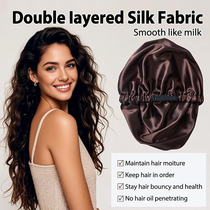 2 Pack Silk Bonnet for Sleeping Women Adjustable Double Layer Satin Bonnet Reduce Friction Prevent Frizz Natural Curly Hair (Brown & Pink)