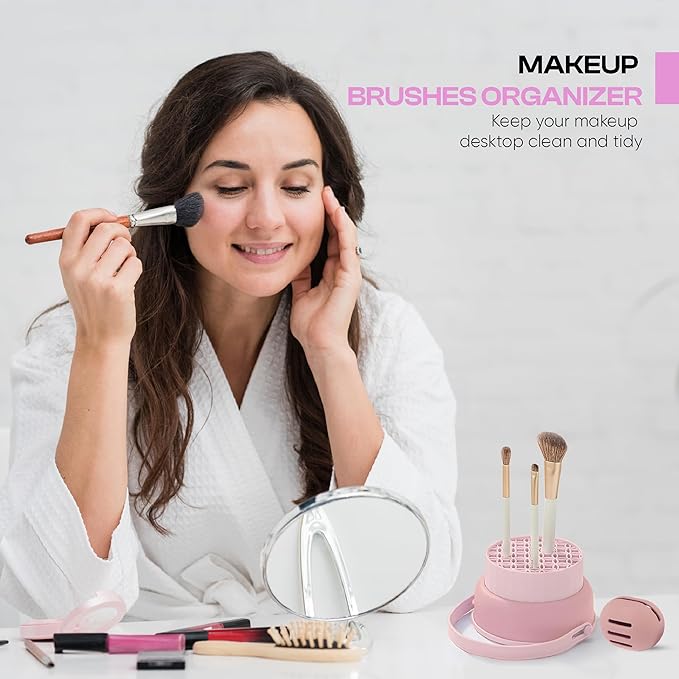 Makeup Brush Cleaner Mat 3 in 1 and Makeup Sponge Holder set - Make Up Brush Cleaner Cleanser and Make Up Sponge Holder - Limpiador de Brochas de Maquillaje (Pink)