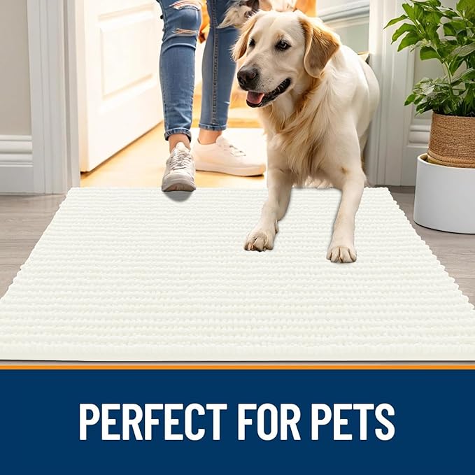 OLANLY Dog Door Mat for Muddy Paws 59x20, Ultra Absorbent Chenille Mud Doormat, Non-Slip Washable and Dirt Trapping Doormat for Indoor Entryway, Quick-Dry Indoor Pet Bed Mats for Dogs, Ivory