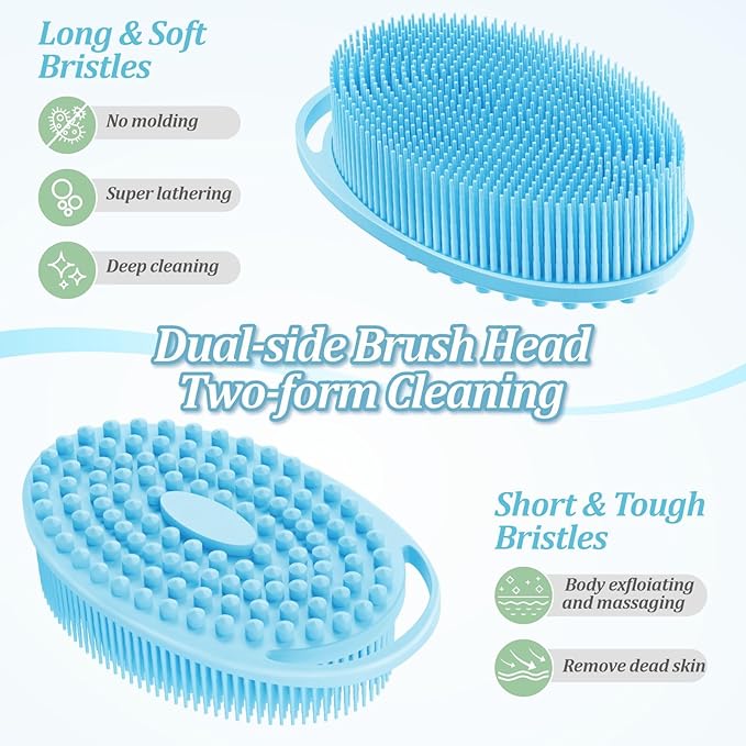 Silicone Back & Body & Face Scrubber Set 3PCS, Gentle Exfoliating Back & Body Scrubber with Dual-Side Brush Head, Hygienic Silicone Loofahs with Soft Bristle and Non-Slip Handle(Blue-3PC)