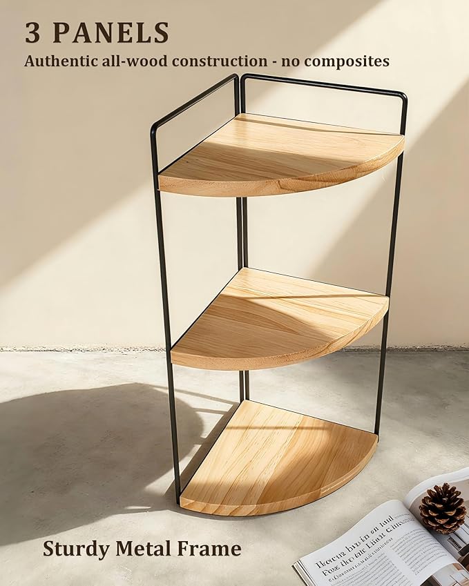 3-Tier Bathroom Corner Counter Organizer, Solid Wood Countertop Organizer, 3-Coat Waterproof Paint & Sturdy Metal Frames | Space-Saving Vanity Storage for Toiletries/Cosmetics (Natural)