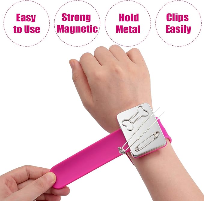 2 Pieces Magnetic Sewing Pincushion, Magnetic Wristband Pin Cushion Holder for Quilting Sewing Pins Hair Clips with Flannelette Bag, Silicone Wrist Strap Bracelet (Rose Red)