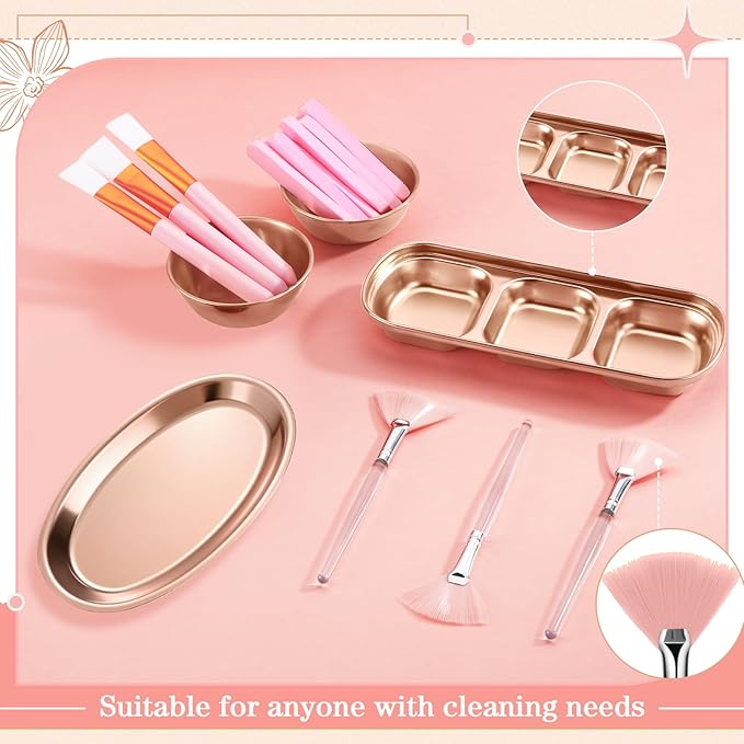 LemonRoad 25 Pcs Esthetician Facial Supplies Set, 3 Stainless Steel Mixing Bowls, 2 Serving Trays, 6 Brushes, 2 Hairbands, 12 Compressed Sponges for Women Facial Mask Spa Home Use(Rose Gold)