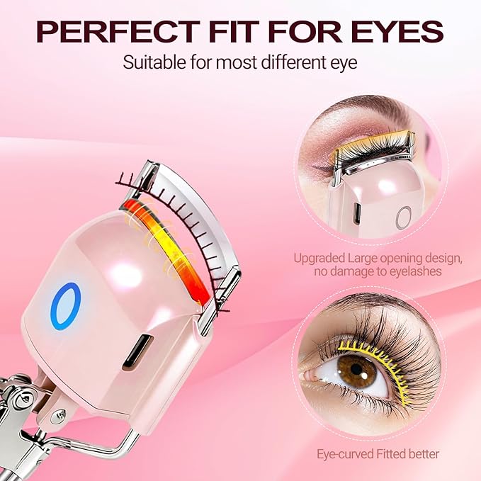 Heated Eyelash Curler Electric Eyelash Curlers 8s Fast Heating Lash Curler Safe Anti-Burn Lash Curler Intelligent Temp Control rizador de pestañas for 24H Long Lasting Curls (Pink)