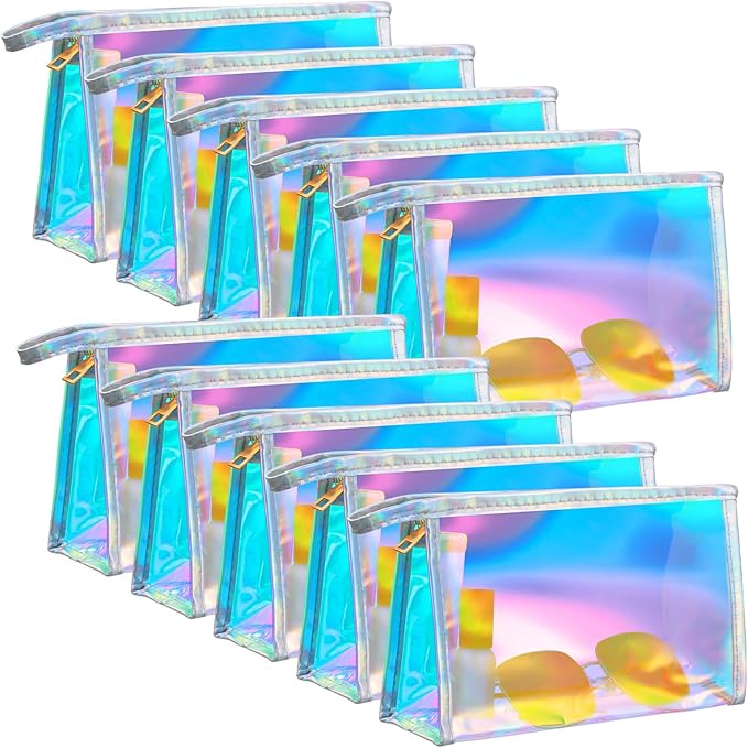 10 Pcs Holographic Makeup Bags Bulk, Iridescent Makeup Bag, Portable Zipper Toiletry Bag Clear Waterproof Holographic Cosmetic Bags, Women's Gifts