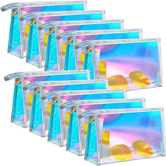 10 Pcs Holographic Makeup Bags Bulk, Iridescent Makeup Bag, Portable Zipper Toiletry Bag Clear Waterproof Holographic Cosmetic Bags, Women's Gifts