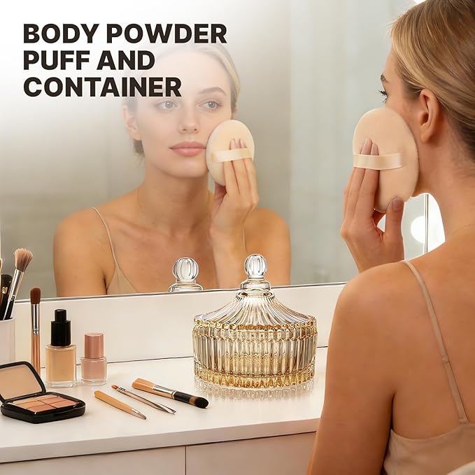 3 PCS Extra Large Body Powder Puff and Container - 6 In Glass Dusting Powder Container with Puff, Body Powder Puff for Women Soft Washable Reusable Fluffy Makeup Wet Dry (Amber)