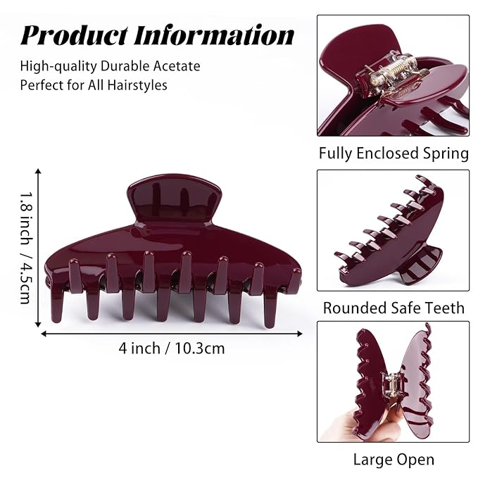 MAORULU Cute Claw Clip for Women – 4'' Large Acetate Hair Clips for Thick Thin Curly Long Hair, Durable Hair Clamps Non-slip Y2K Jaw Clip, Strong Hold, Stylish French Design (Wine Red)