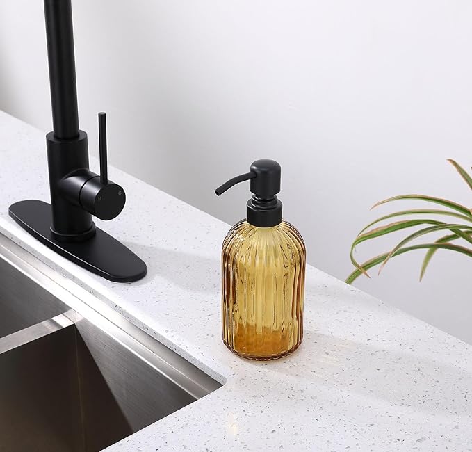 16 OZ Amber Glass Soap Dispenser, Amber Stripe Bathroom Hand Soap Dispensers with Stainless Steel Matte Black Pump,Brown Glass Kitchen Hand Soap Dispenser with Matte Black Pump,2 Packs