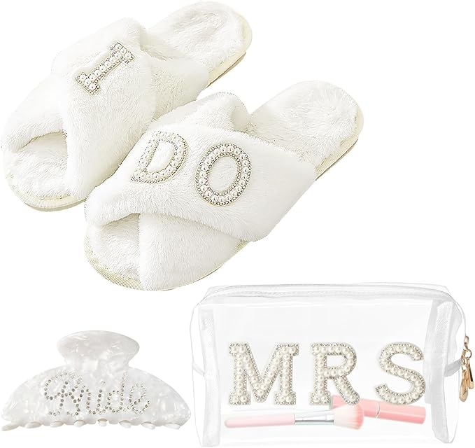 Bride To Be Gift Set Includes I Do Bride Slippers Clear Mrs Makeup Bag Bride Cosmetic Bag Clear Makeup Pouch Toiletry Bag Bride Hair Claw Wedding Gifts Bridal Shower Gift Mrs Gift
