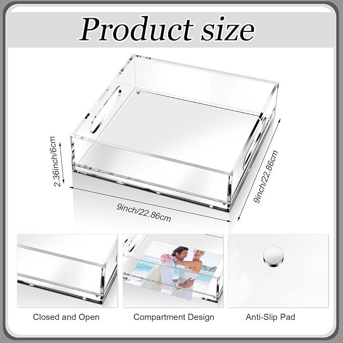 Acrylic Serving Tray with Handle Needlepoint Clear Decorative Tray Countertop Organizer for Home Bathroom Office (9"x 9")