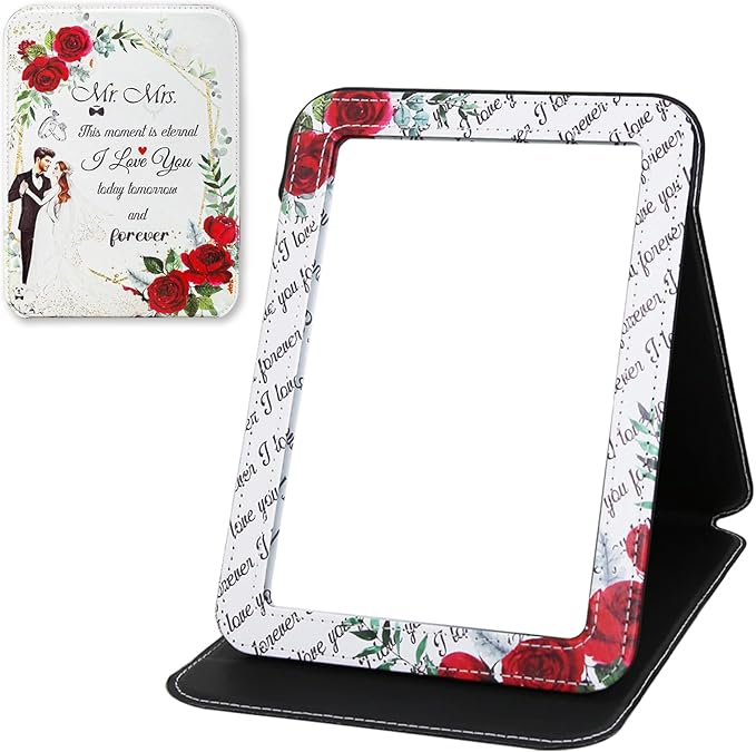 Large Folding Mirror Portable, Travel PU Makeup Adjustable Rectangular Ultrathin Vanity Mirror with Stand Rounded Corners, for Wedding, Travel, Camping, Home 7x9 Inches
