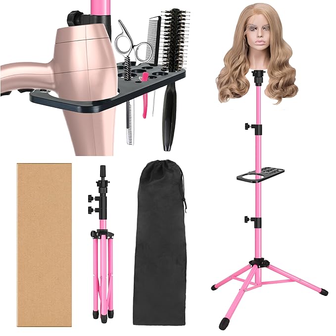 Wig Stand Tripod 50 Inch Metal Wig Mannequin Head Tripod Stand For Hairdressing Training Head Adjustable Wig Tripod Stand with Tool Tray (Pink, Mannequin Head Not Included)