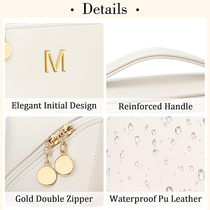 Birthday Gifts for Women Teen Girl, Personalized Initial Makeup Organizer Bag Set, Open Flat Travel Cosmetic Bag With Clear Divider and Handle(Large-Beige,M)