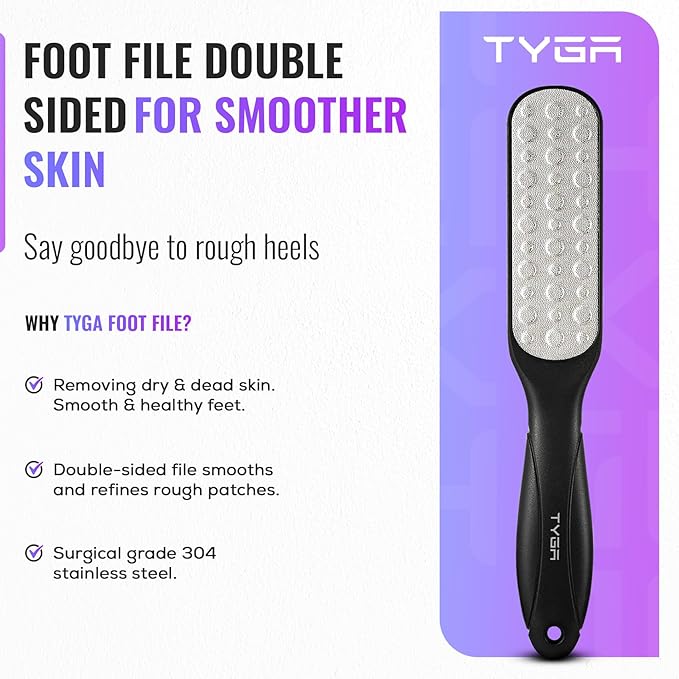 TYGA Double-Sided Foot File, Coarse & Fine, Dry & Wet, Stainless Steel, Pedicure Care Tool, Callus Remover for Feet, Multidirectional Nickel, Hard Skin Removal, Washable, Spa and Skin Care (Black)