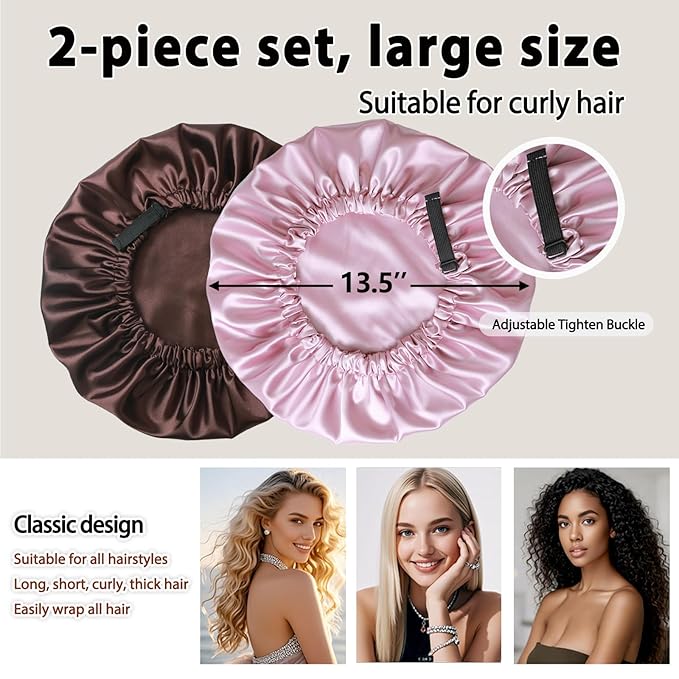 2 Pack Silk Bonnet for Sleeping Women Adjustable Double Layer Satin Bonnet Reduce Friction Prevent Frizz Natural Curly Hair (Brown & Pink)