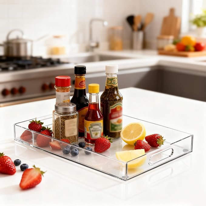 1-Piece Clear Acrylic Tray 12 * 16 Inches Suitable for Coffee Table Makeup Table Kitchen Countertop Acrylic Storage Tray Perfect for Gatherings Events Family Use with Handle,Easy to Carry