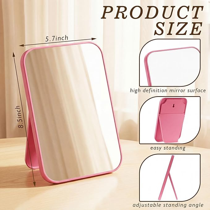 12 Pack Desktop Makeup Mirror Bulk 90° Adjustable Portable 8" Vanity Table Mirror with Stand, Folding Travel for Makeup Party Spa Party, Women, Cosmetics Personal Beauty (Pink)
