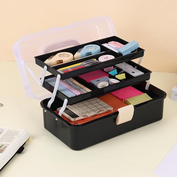 OUTUXED 12.5inch 3-Layer Multipurpose Craft Organizers, Portable Folding Toolbox, Plastic Tool Box with Handle for Sewing Supplies, Medicine, Art Supplies, Nails and Hair Accessories(Black)