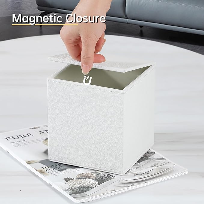 JLAMBOM PU Leather Tissue Box Cover Square Tissue Box Holder with Magnetic Closure, Decorative Tissue Holder for Bathroom Bedroom Office (White)