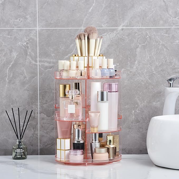 SUNFICON Rotating Makeup Holder Organizer Crystal Pink 360 Rotation Cosmetic Storage Holder Turntable Spin Display Stand Bathroom Bedroom Vanity Dressing Table Gift Girl Lady Women