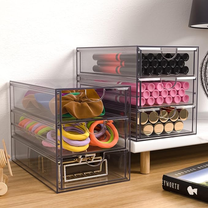 Noverlife 3 Drawers Hair Accessories Organizer, Clear Acrylic Hair Ties Desktop Craft Drawer Cabinet, Hair Claws Desk Organizer Storage Containers Box with Pull-Out Drawer for Bathroom Closet Office