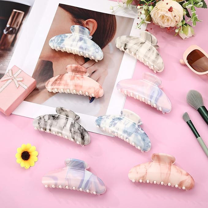 8 Pcs Large Acrylic Hair Claw Clips for Women Non-slip Strong Hold Jaw Clamps for Thick Thin Hair (Glossy,Ink Painting Color)
