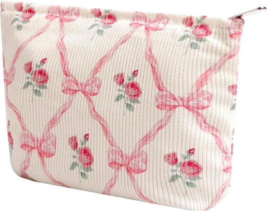 Cosmetic Bags for Women - Corduroy Cosmetic Bag Aesthetic Women Handbags Purses Smile Dots Makeup Organizer Storage Makeup Bag Girls Case Bags (Flowers-Bow)